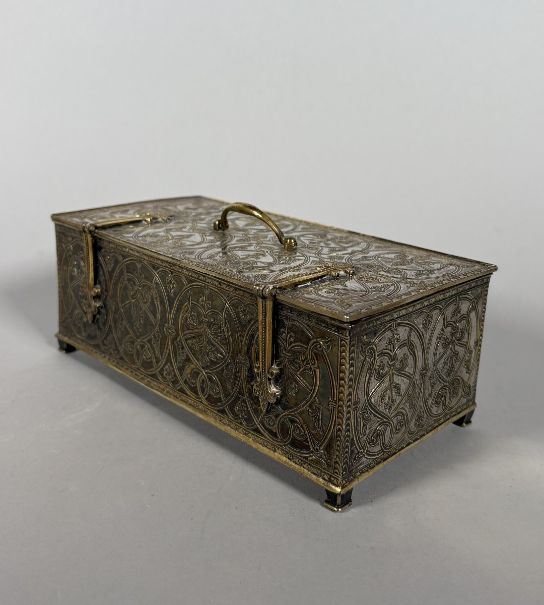  950 Sterling Silver Box In The Neo-gothic Renaissance Style, 19th Century-photo-3