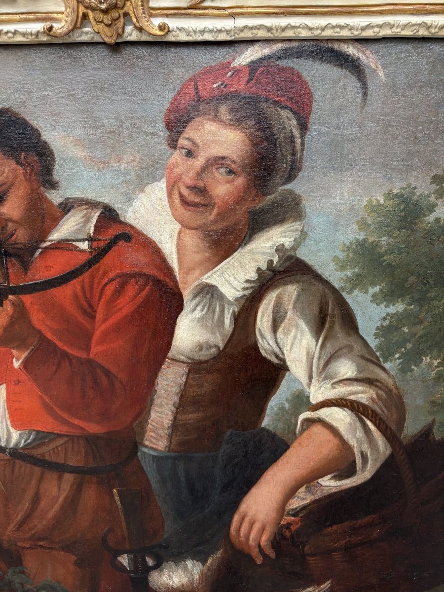 École de Haarlem, XVIIe siècle l'homme a l'arbalete Huile sur toile-photo-3