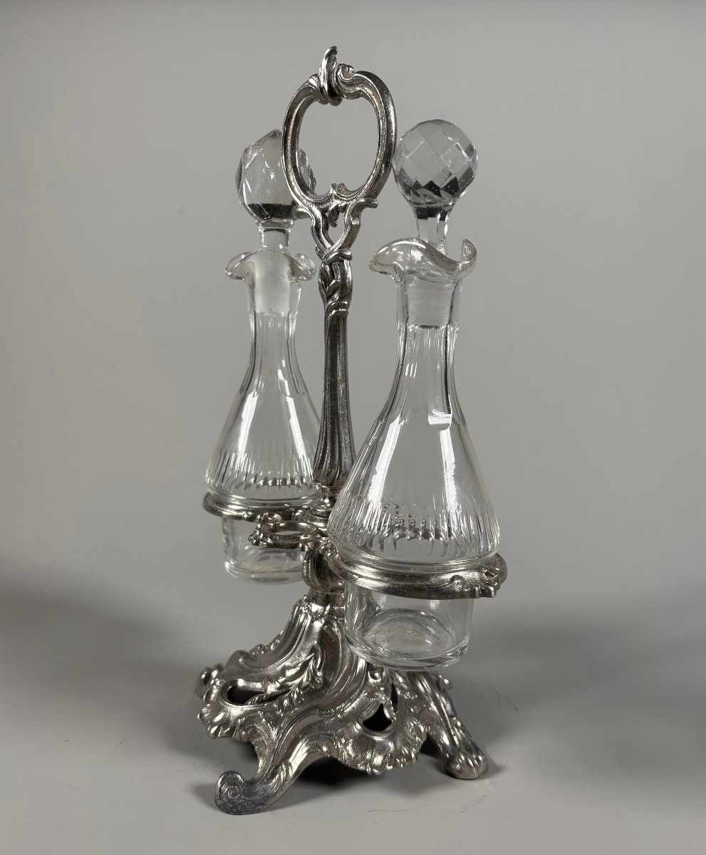 Huilier vinaigrier en bronze argenté rocaille et cristal taillé XIXeme siecle-photo-2