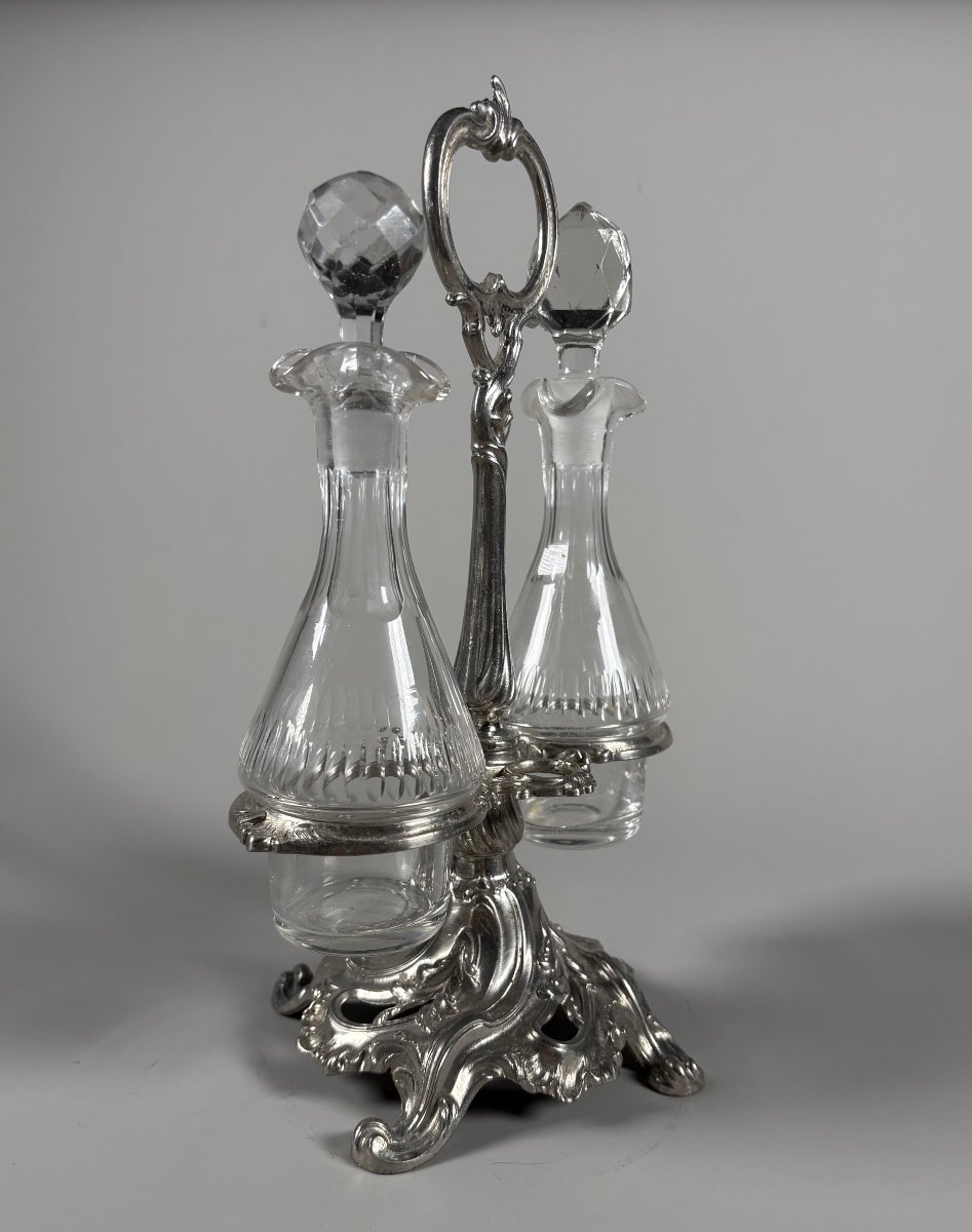 Huilier vinaigrier en bronze argenté rocaille et cristal taillé XIXeme siecle-photo-1