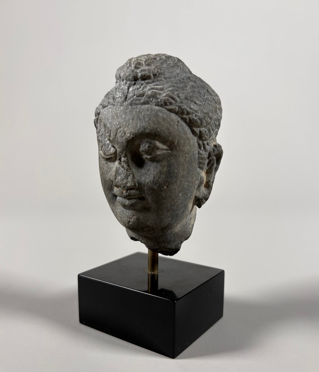 Buddha Head Sculpture In Gray Gandhara Schist, Indo-greek Kingdoms, 1st–2nd Century-photo-3