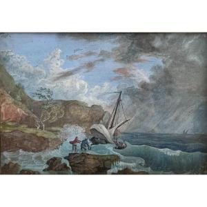 Gouache Sur Vélin XVIIIème Siècle Navire Dans La Tempête d'Après Claude Joseph Vernet