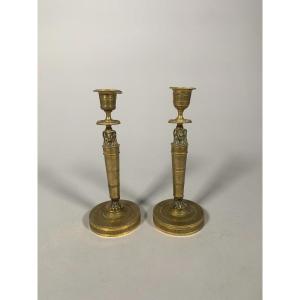 Bronze Candlesticks From The Empire Period Said "return From Egypt" Early 19th Century.