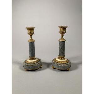 Pair Of Candlesticks In Blue Marble And Bronze Louis XVI Period.