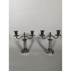 Paire De Bougeoirs - Candelabres Amovible En Bronze Argenté Style Louis XVI