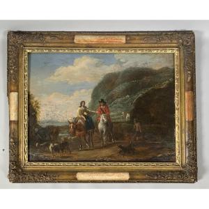 Pieter SNYERS (1681-1752) Promenade galante sur un âne. XVIIeme siecle