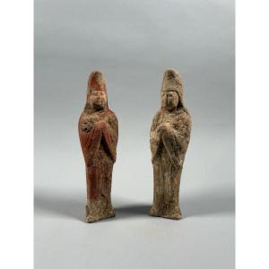 Paire de sculpture de serviteurs Mingqi terre polychrome dynastie HAN archeologie chine
