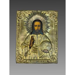 Icône Russe XIXeme siecle figurant le Christ bénissant le monde 