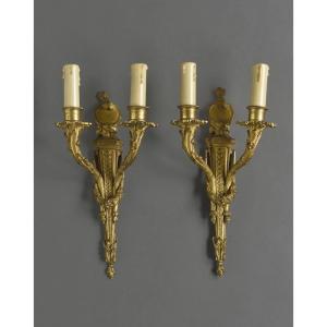 After Jean-charles Delafosse (1734–1791). Pair Of Gilded Bronze Louis XVI Wall Sconces