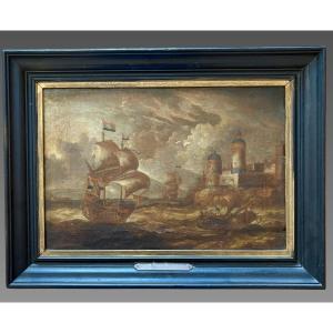 Peter VAN DEN VELDE (1634-1724) Navire Flamand au large d'un fort XVIIeme siecle
