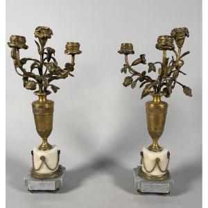 Pair Of 19th-century Marble And Bronze Candelabra With Flower Vases