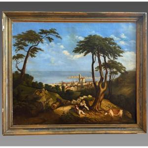 19th-century French School - Mediterranean Landscape, View Of Sète, Painting On Canvas