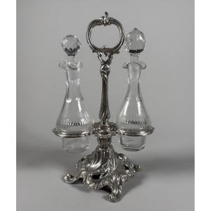 19th-century Silver-plated Bronze Oil And Vinegar Set With Rocaille Decoration And Cut Crystal