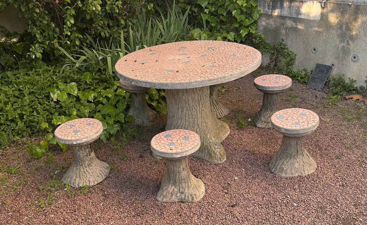 1950s Concrete And Mosaic Table With 6 Seats  -photo-3