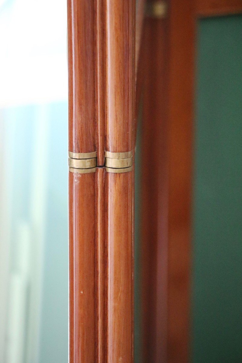 Large Screen Composed Of Four Mahogany Sheets Lined With A Green Fabric-photo-4