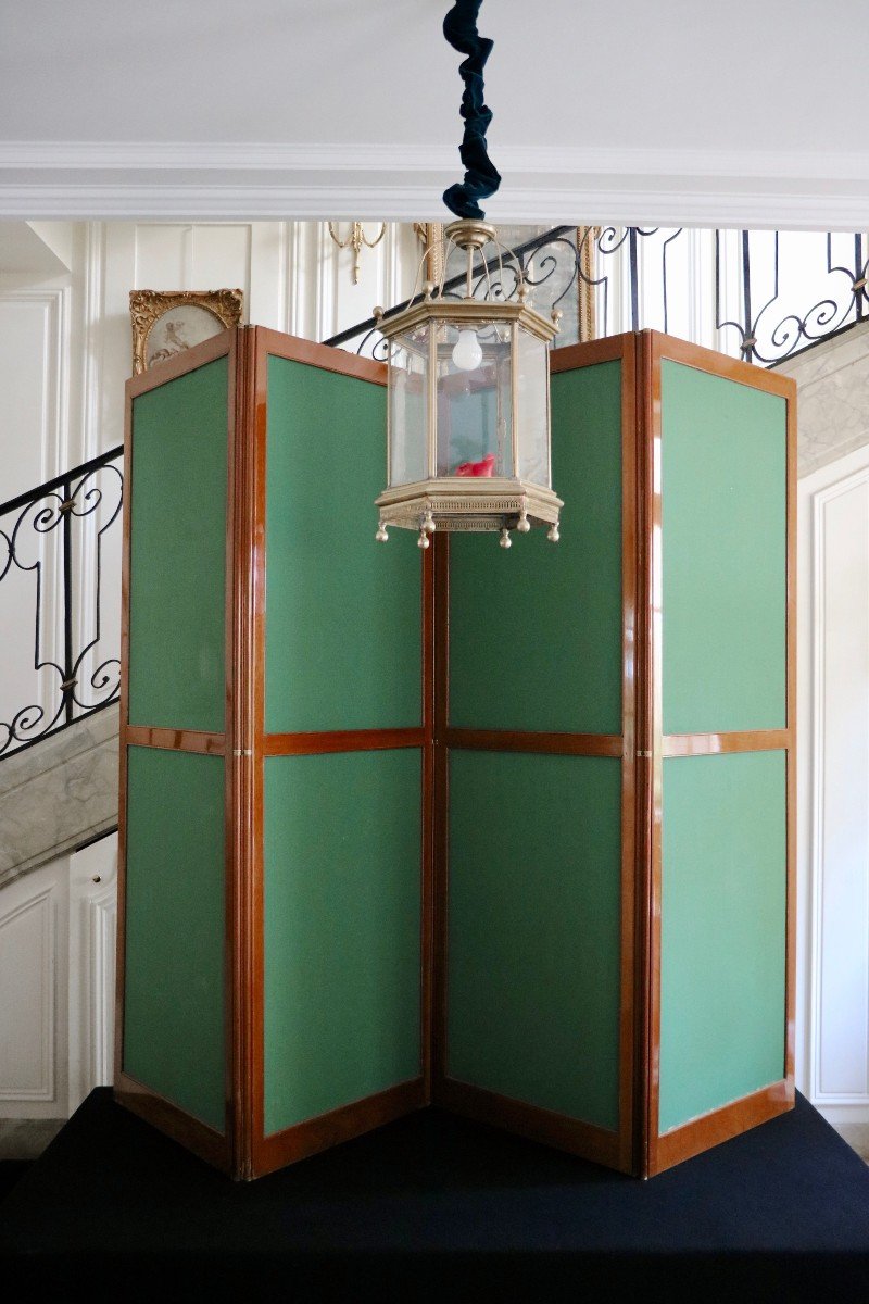 Large Screen Composed Of Four Mahogany Sheets Lined With A Green Fabric