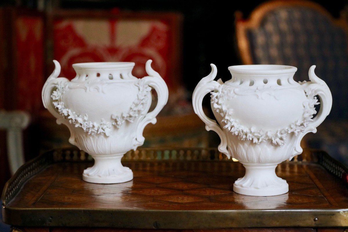 Pair Of Potpourris Vases In Biscuit Porcelain