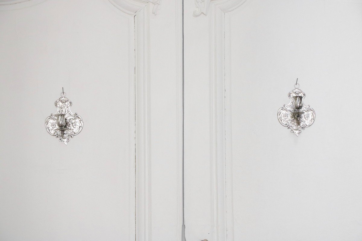 Pair Of Silver Sconces With One Arm Of Light-photo-2