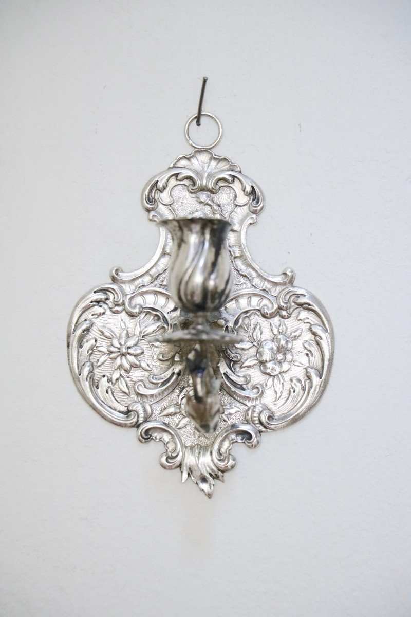 Pair Of Silver Sconces With One Arm Of Light-photo-3