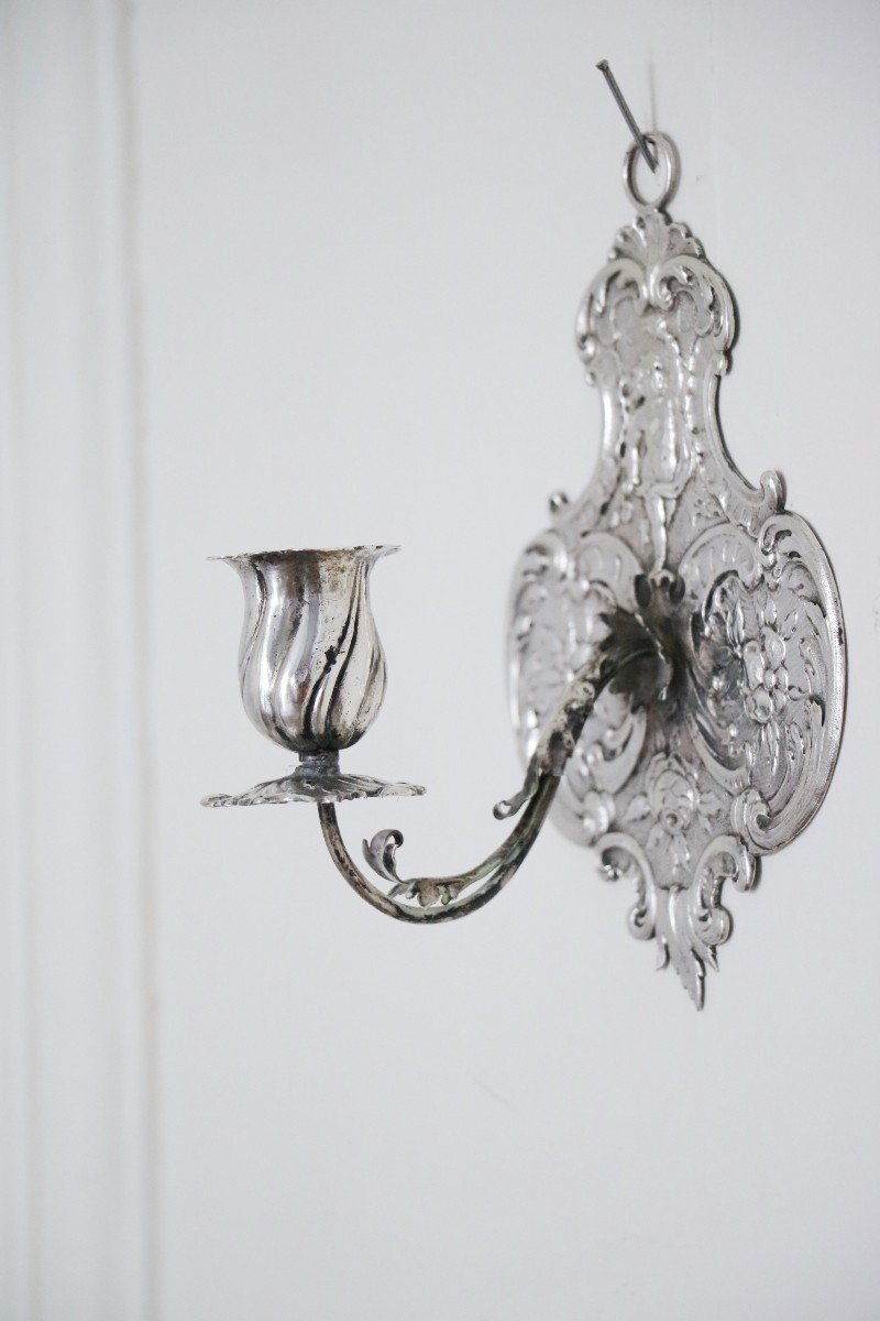 Pair Of Silver Sconces With One Arm Of Light-photo-4