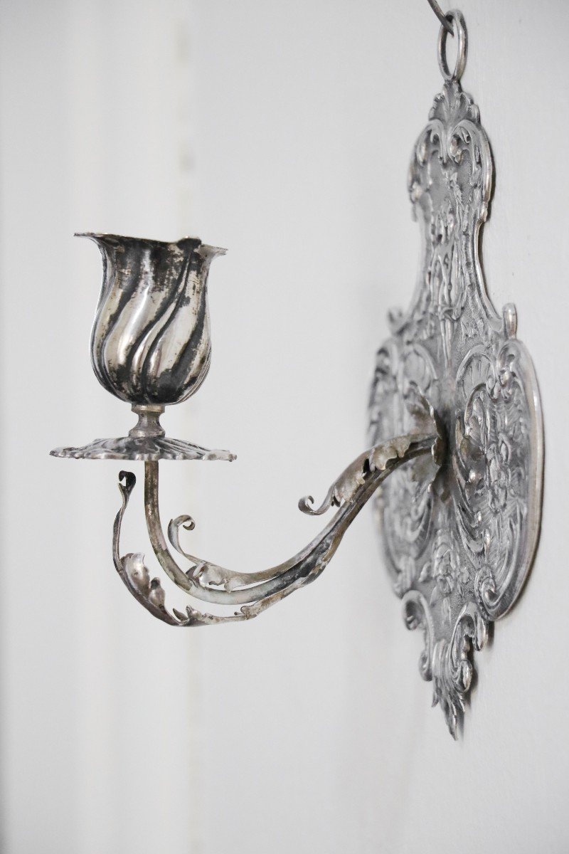 Pair Of Silver Sconces With One Arm Of Light-photo-1
