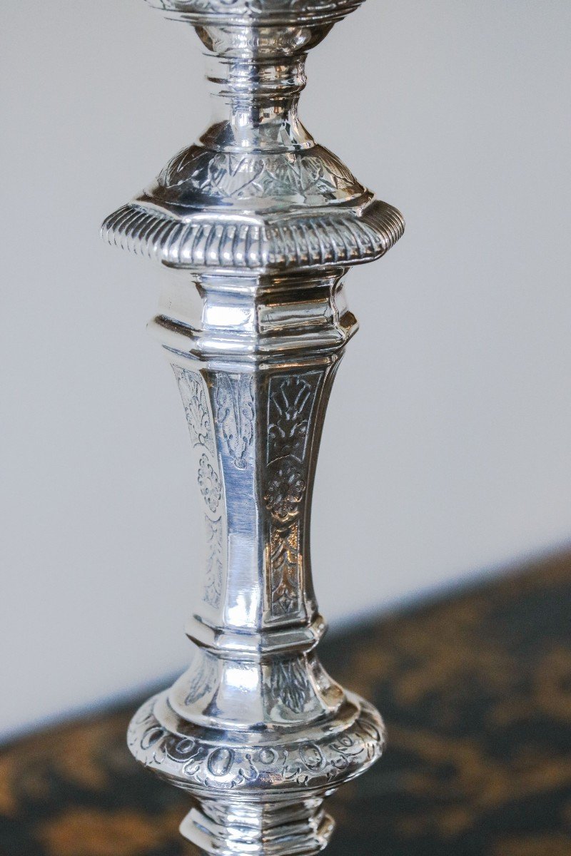 Pair Of Chiseled Silver Metal Candlesticks In The Shape Of A Baluster-photo-2