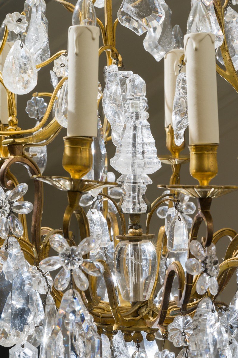 Lustre Cage Louis XV à Neuf Bras De Lumières En Bronze Doré et cristal de roche-photo-4