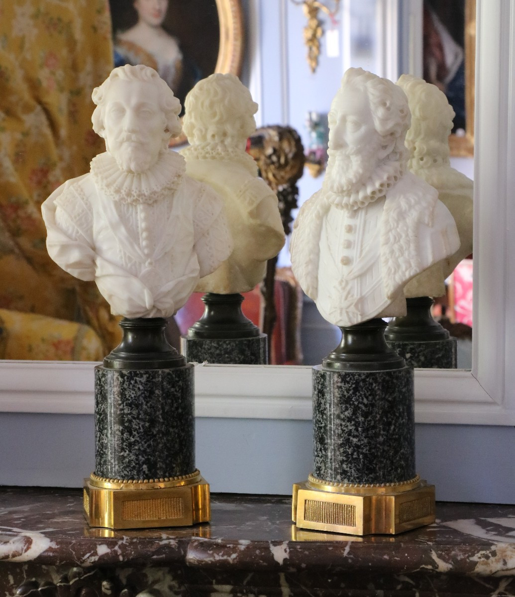 Pair Of Marble Busts Depicting James I, King Of England, And Henry Iv, King Of France
