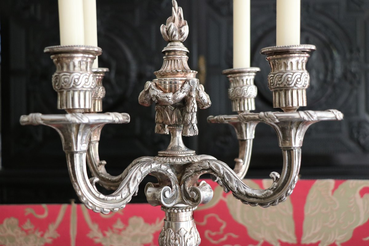 Pair Of Four-arm Plated Metal Candlesticks-photo-2