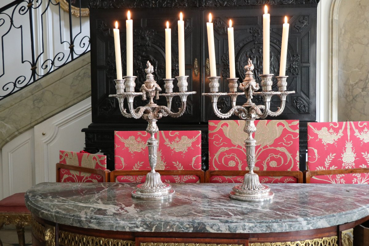 Pair Of Four-arm Plated Metal Candlesticks-photo-4