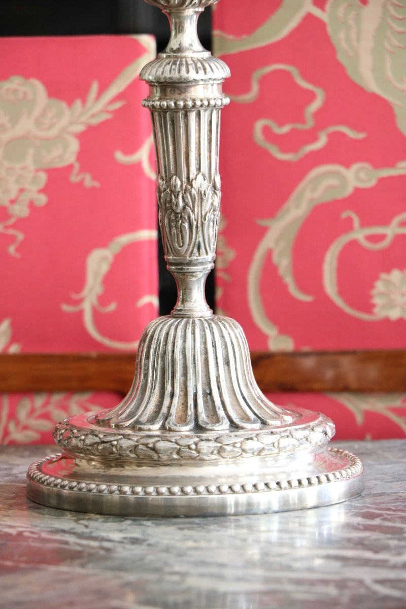 Pair Of Four-arm Plated Metal Candlesticks-photo-4