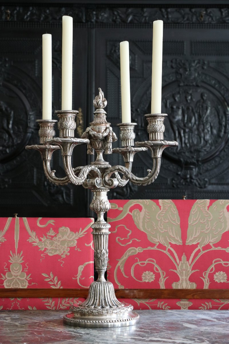 Pair Of Four-arm Plated Metal Candlesticks-photo-5