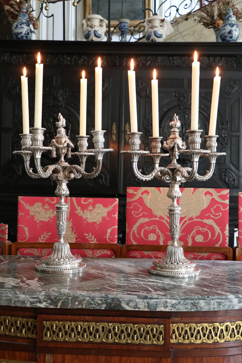 Pair Of Four-arm Plated Metal Candlesticks