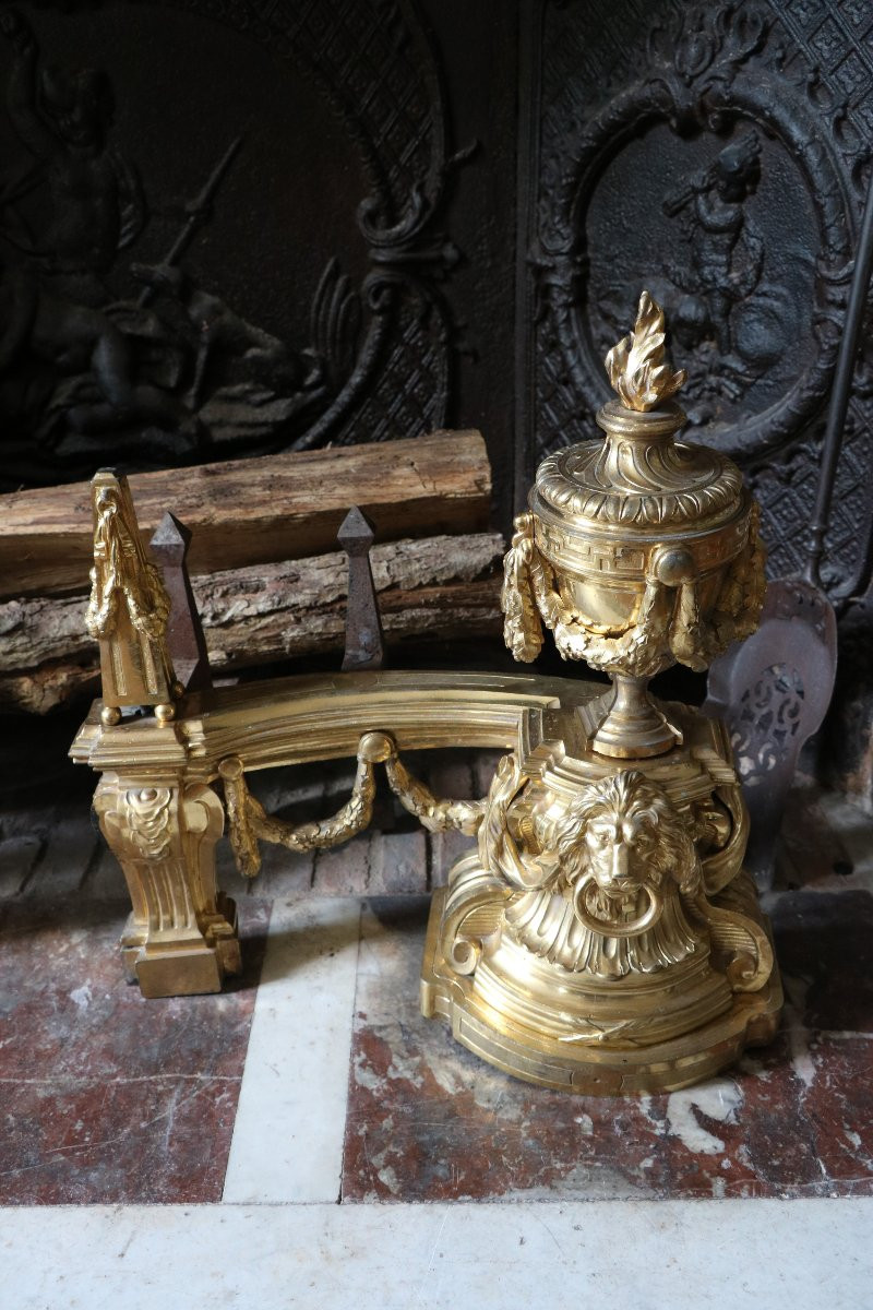 Pair Of Large Chiseled And Gilded Bronze Andirons Attributed To Pitoin, Transition Period-photo-3