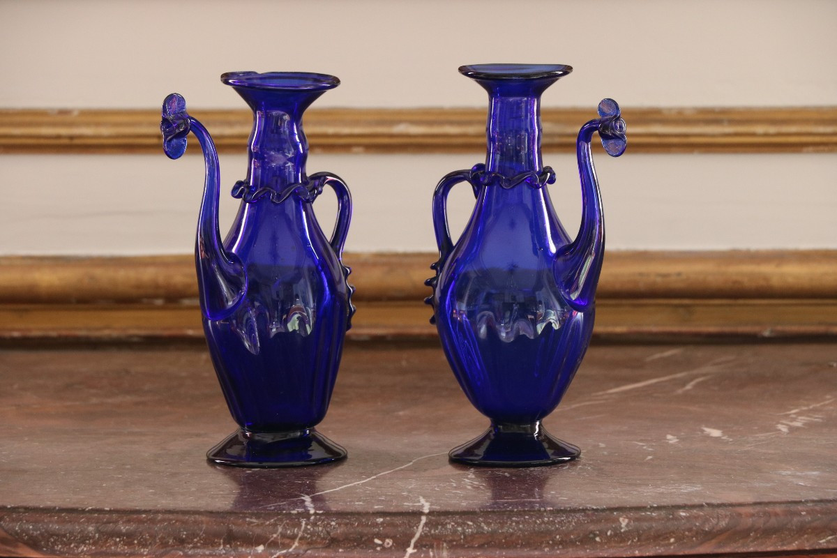 Oil And Vinegar Bowl In Bordeaux Blue Glass
