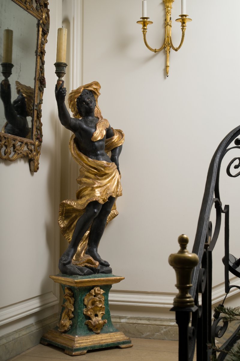 Large Pair Of Carved, Gilded And Patinated Wooden Candlesticks-photo-2