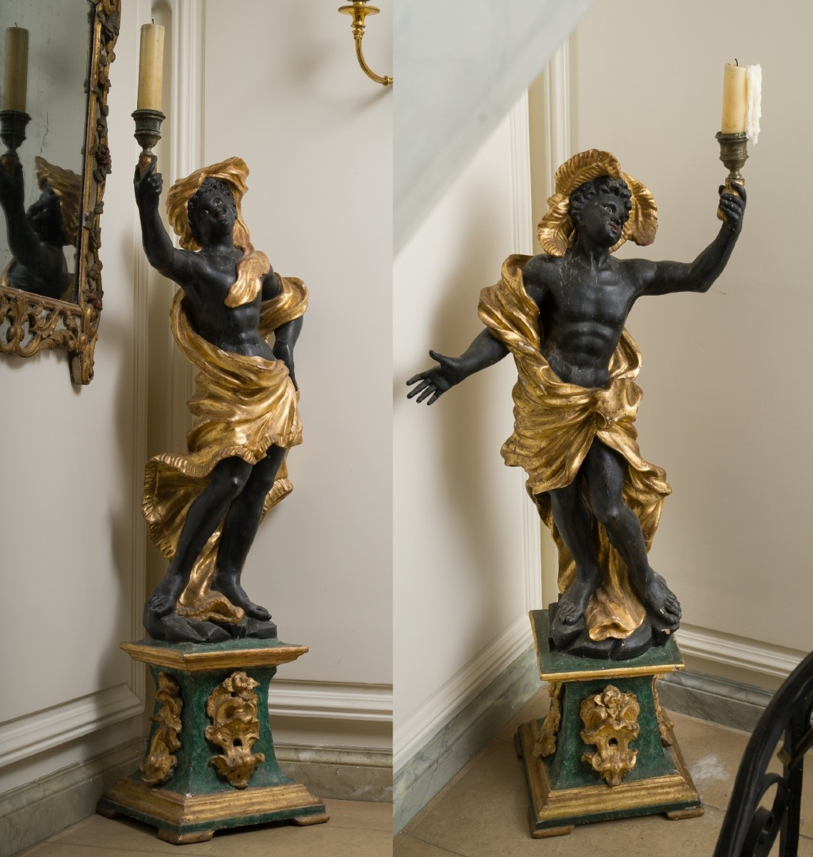 Large Pair Of Carved, Gilded And Patinated Wooden Candlesticks