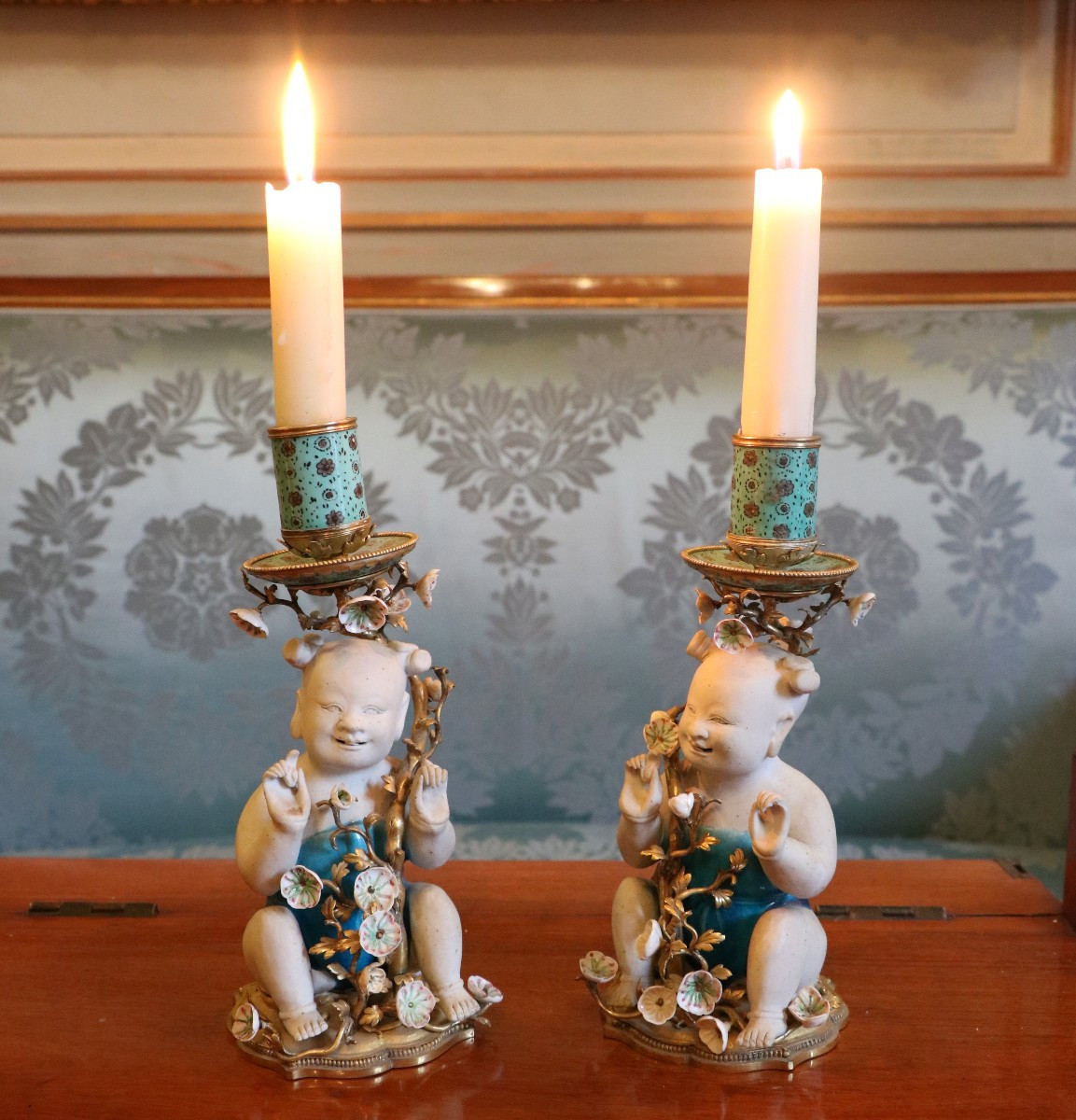 Pair Of Regency Style Candlesticks In Chinese Porcelain Mounted In Gilt Bronze