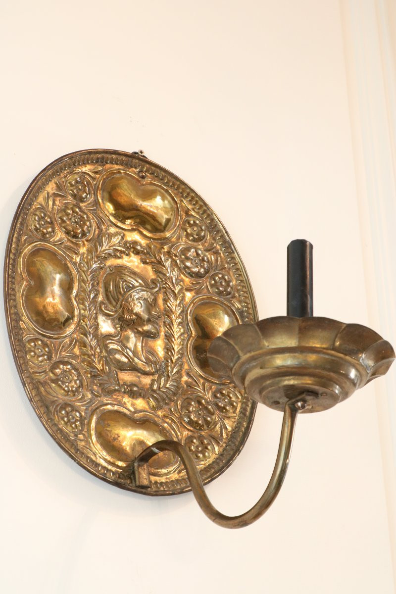Pair Of Repoussé Brass Reflectors-photo-2