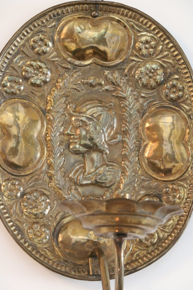 Pair Of Repoussé Brass Reflectors-photo-4