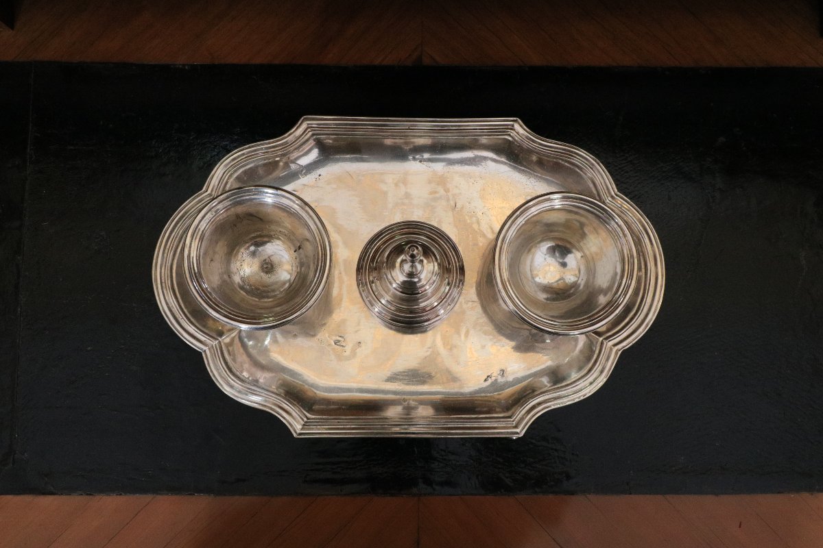 Encrier en métal argenté marqué du C couronné, époque Louis XV-photo-1