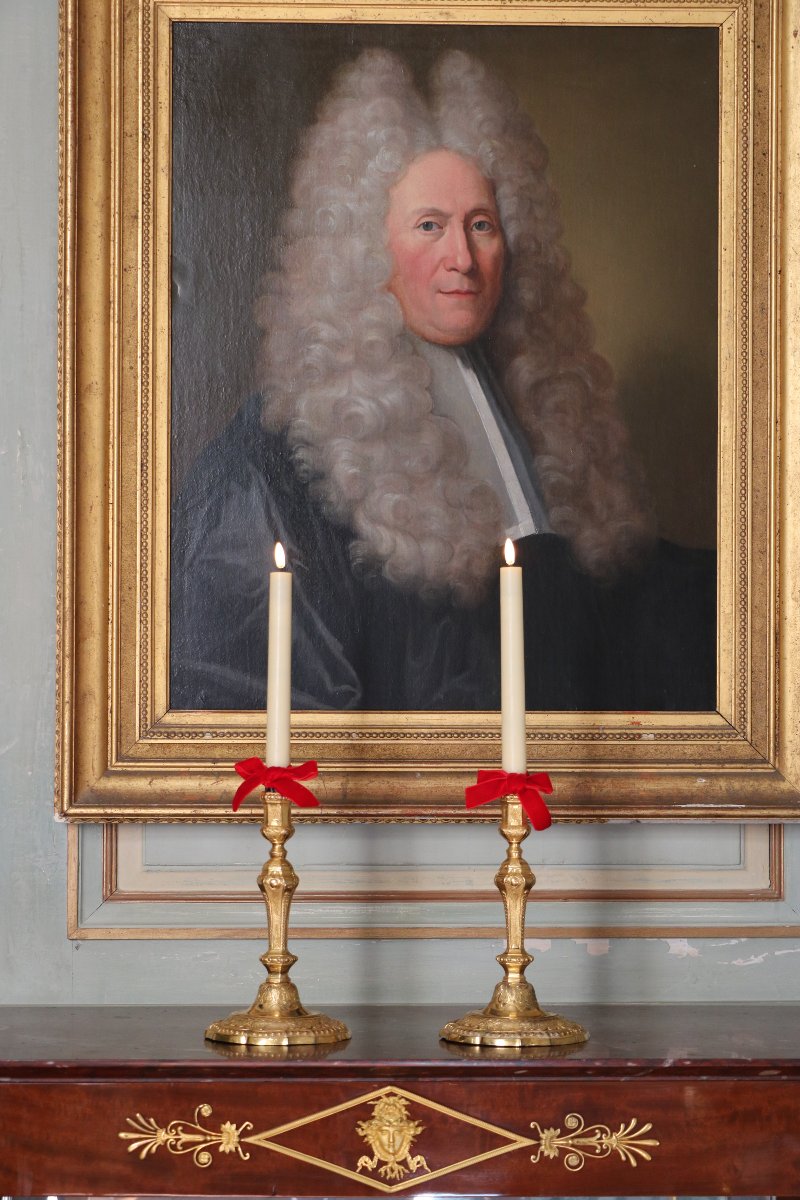 Paire de bougeoirs en bronze doré d'époque Louis XIV-photo-2