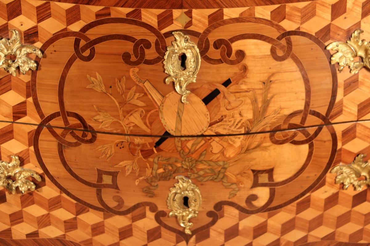 Curved Convenient, Louis XV Marquetry, Bronze Gold, East Of France.-photo-1
