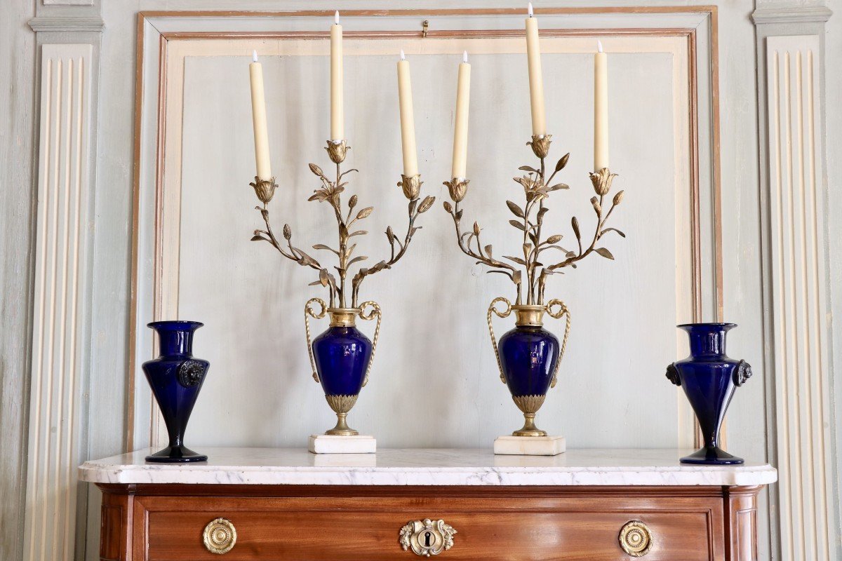 Pair Of Candelabra, Glass Blue, Golden Bronze, Carrara Marble, Louis XVI.-photo-6