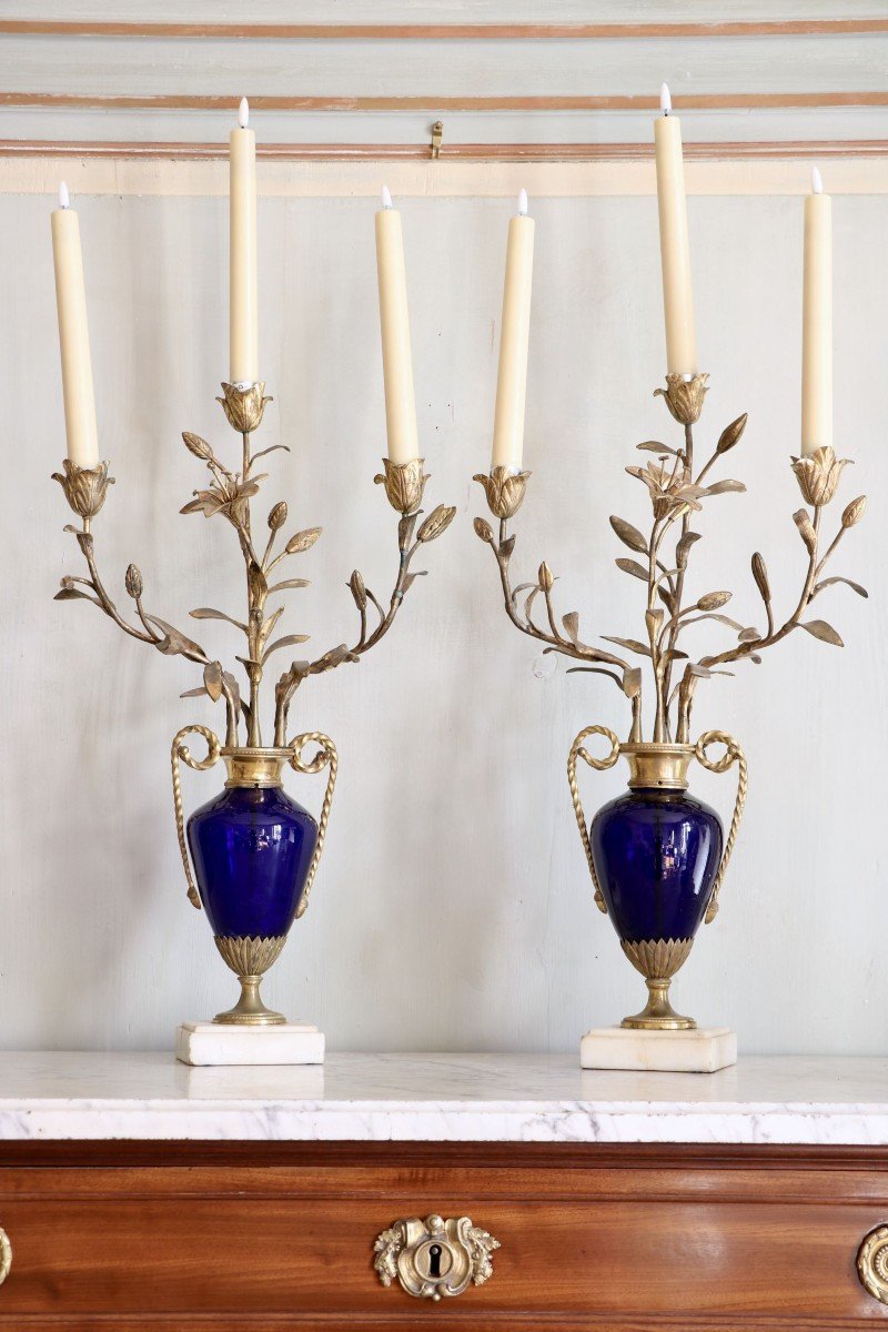 Pair Of Candelabra, Glass Blue, Golden Bronze, Carrara Marble, Louis XVI.