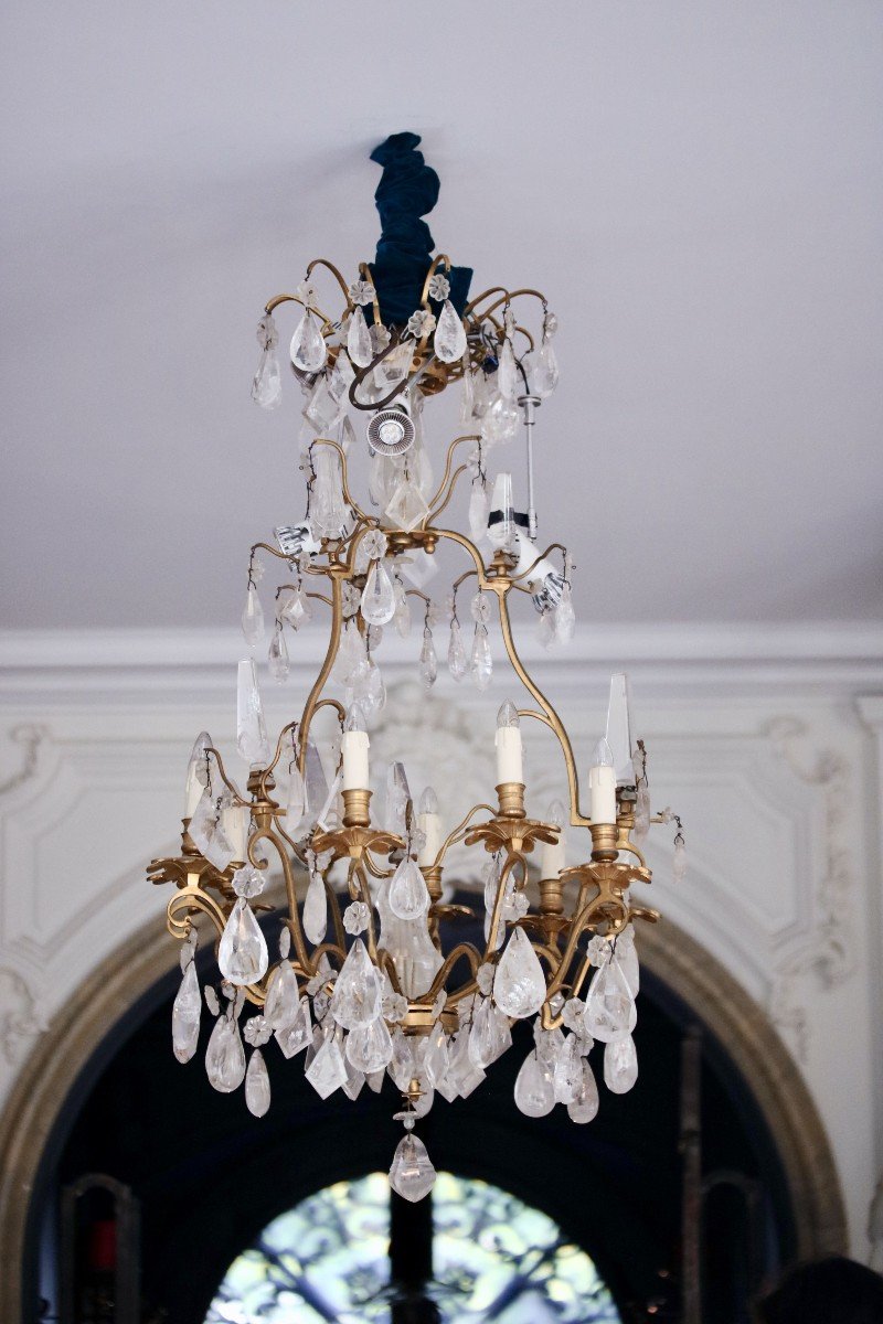 Lustre Cage à 9 Bras De Lumière Cristal De Roche époque Louis XV
