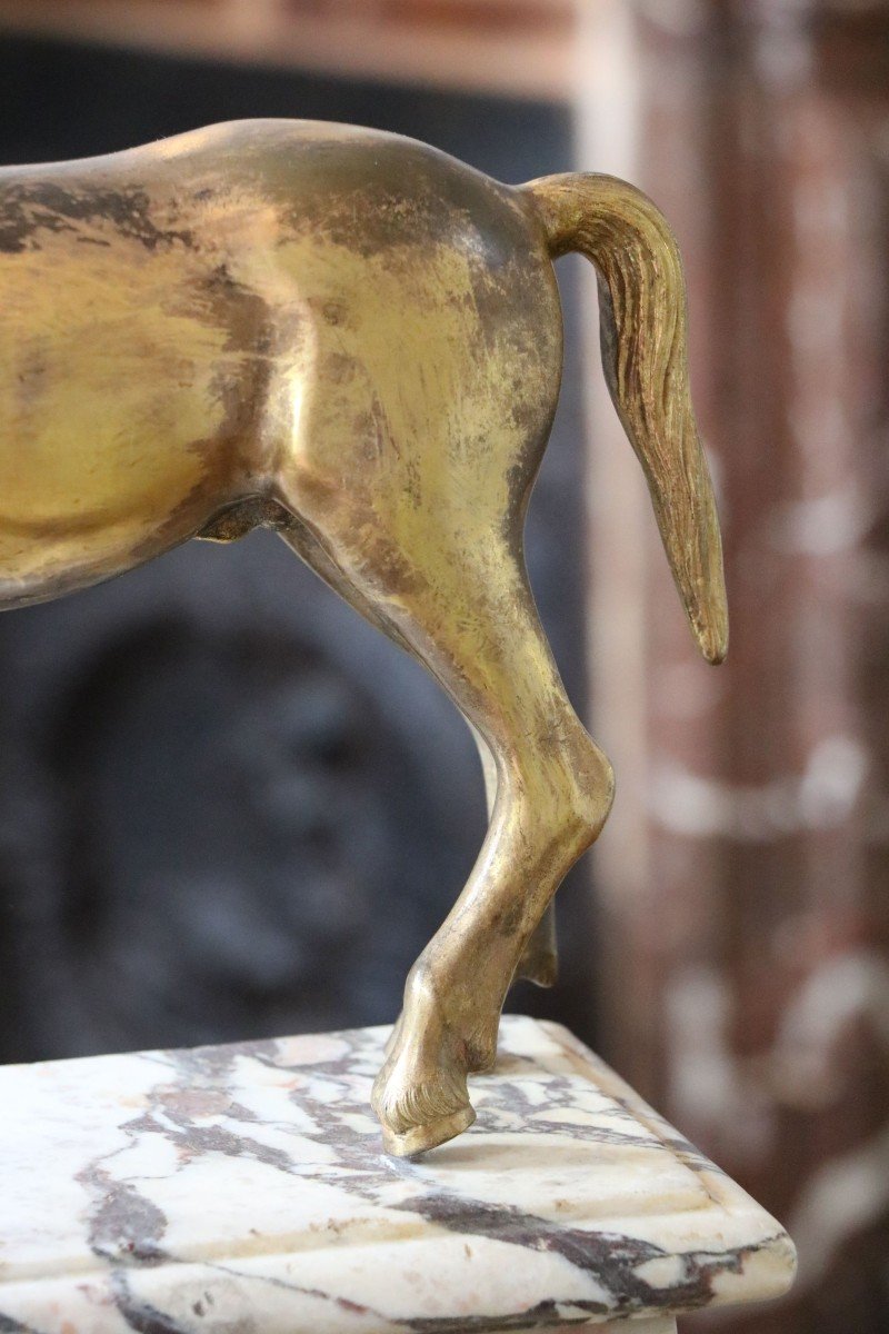 Cheval Au Pas En Bronze à Patine Dorée-photo-4