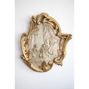 Medallion In Lacquered And Gilded Wood Representing A Birth Scene