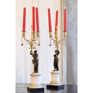 Pair Of Candelabra Adorned With Figures Of Women Draped In The Antique Style