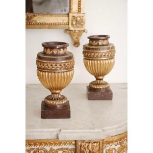 Pair Of Vases In Gilded Wood And Imitation Porphyry Painted